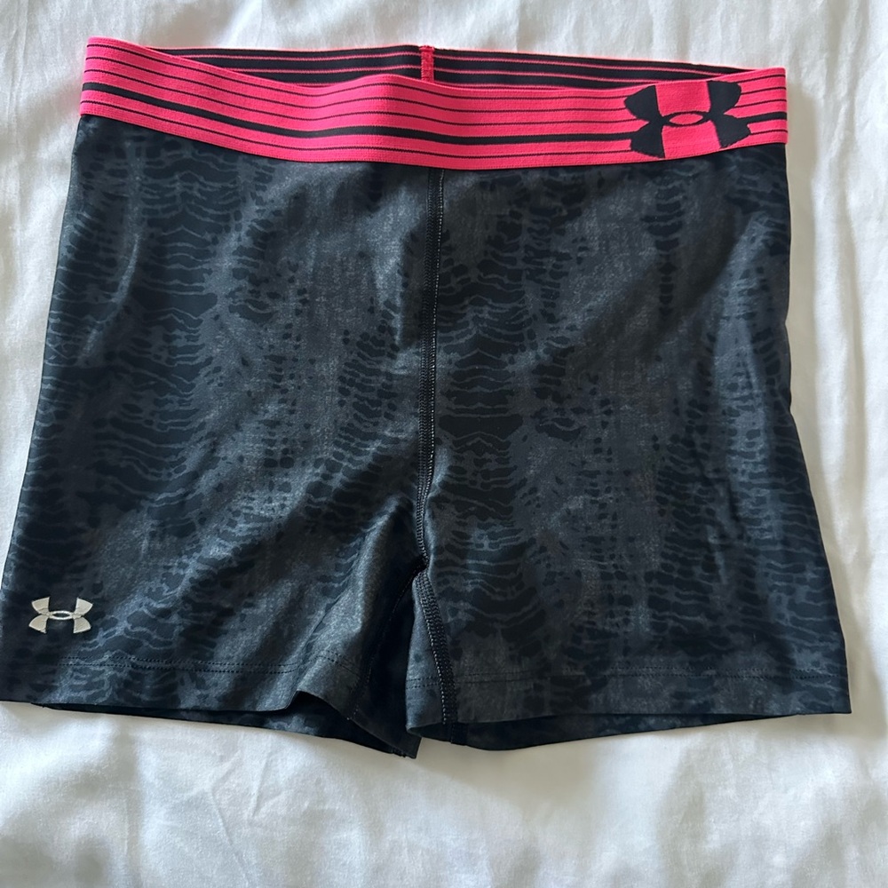 Under Armour Women's Black Patterned Shorts with Pink Waistband